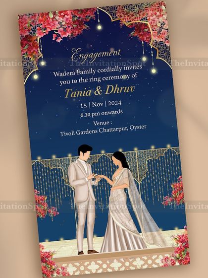Say ‘yes’ to the perfect start. This stunning engagement e-invite features a custom illustration of the ring ceremony under a starry night sky, framed by bougainvillea and elegant architecture.