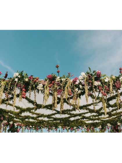A low-angle shot looking up at the mandap ceiling, showing the intricate web of jasmine and the hanging coffee berry strands against the sky.