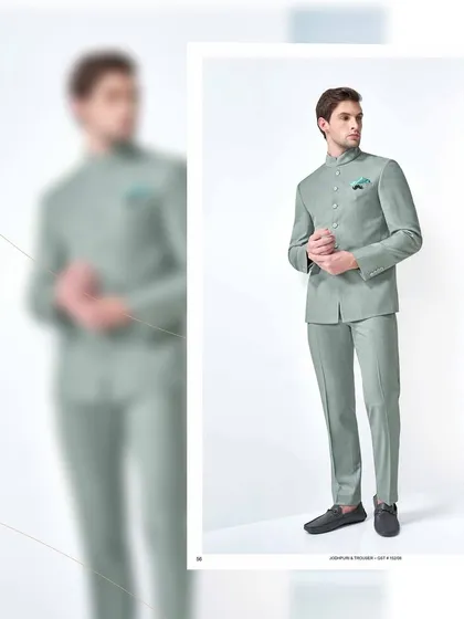 The classic Jodhpuri suit in a serene sage green. This two-piece ensemble offers a clean, minimalist aesthetic, perfect for formal occasions that require understated elegance.