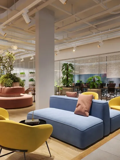 This is a design concept for a vibrant breakout area in a large coworking project. The goal was to create an inviting, energetic space using plush, colorful seating and abundant greenery, making it the perfect spot for both creative brainstorming and relaxed conversation.
