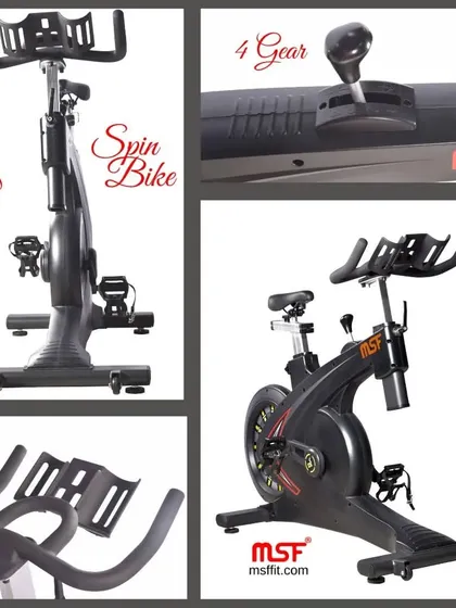 A detailed look at our Magnetic Spin Bike, showing the multi-grip handlebars, adjustable seat, and the 4-gear resistance lever for a customized workout experience.