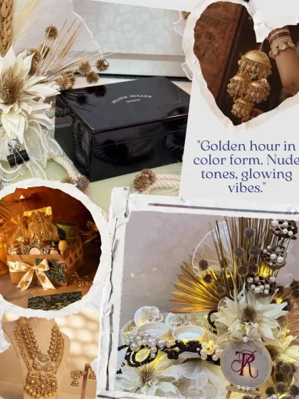 A glimpse into my 'Golden Nude' mood board. This aesthetic blends timeless elegance with quiet luxury, using soft nudes, glowing lights, and heritage gold to create moments of refined celebration.