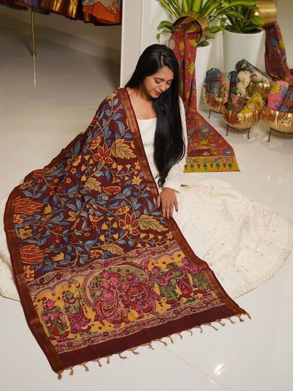 This is a glimpse into my Kalamkari Edition, featuring a wide array of hand-painted dupattas and fabrics from the Indralokam series. Each piece is a unique story, available for you to customize into your dream outfit.