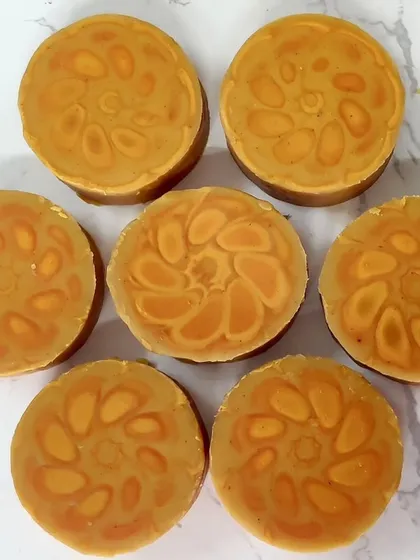 These kaleidoscope face wash soaps were made using the "ghost swirl" technique. I almost submitted them for a challenge, but my dog-themed soap stole my heart!