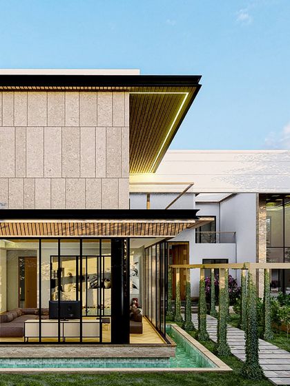 A seamless blend of stone, glass, and wood, designed to let the outdoors in. This space is defined by intentional geometry, refined materials, and the interplay of light and shadow, as shown in this detailed 3D render.