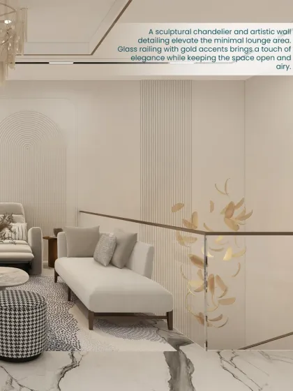 A sculptural chandelier and artistic wall detailing elevate this minimal lounge area. The glass railing with gold accents keeps the space feeling open and airy.
