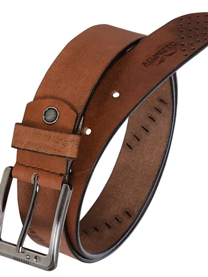 This tan leather belt features a clean design with a classic silver-tone buckle. The underside of the belt shows our embossed branding, a mark of its genuine leather quality.