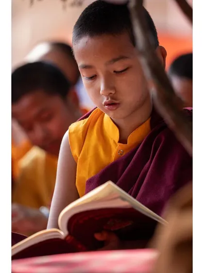 A young monk is completely absorbed in reading his scriptures at the Mahabodhi Temple. I focus on these candid moments of devotion to tell a story of dedication and learning that begins at a very young age in Bodhgaya.