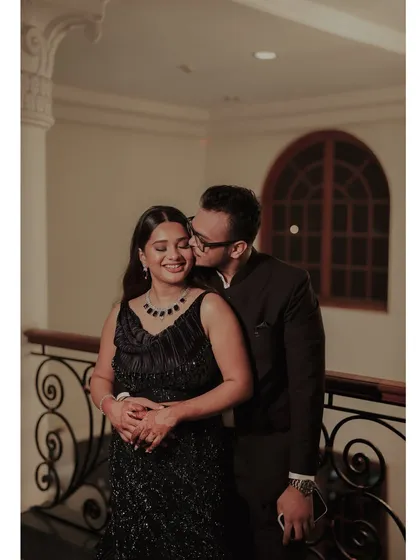 A sweet, romantic moment. This close-up shows the soft glam details of Isha's engagement party makeup, which complemented her sparkling navy dress.
