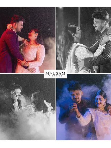 A collage of romantic, moody portraits of the couple from their Sangeet night. The use of smoke and dramatic lighting in both color and black and white creates a cinematic and artistic feel.