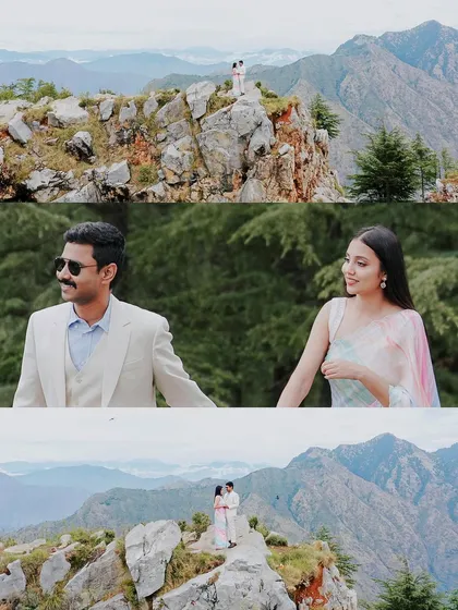 This collage combines epic landscape shots with a candid, walking moment. It tells a story of adventure and romance, perfect for a pre-wedding album.