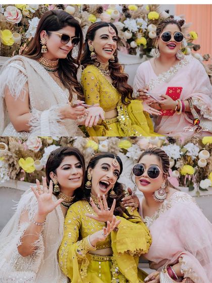 A collage of the bride having fun with her friends and family at her Mehendi, capturing the laughter and support of her bride tribe.