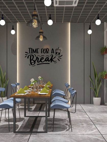 For this factory office cafeteria, we used a bold and modern design. The space features a mix of terrazzo, a striking blue and red color scheme, and an industrial grid ceiling to create a vibrant and energetic place for employees to relax.