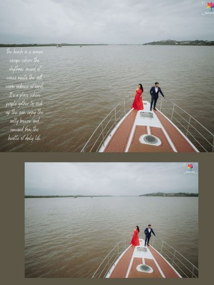 A wide, cinematic shot of the couple on the bow of a yacht, conveying a sense of adventure and a journey beginning together.