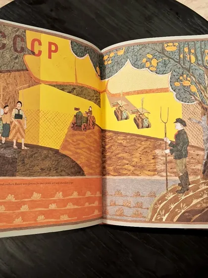 A page from 'The Silk Roads' depicting life in the Soviet era, showcasing the book's unique and detailed art style.