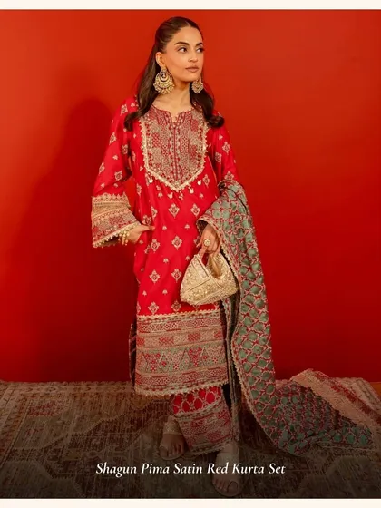 The Shagun Pima Satin Red Kurta Set is a top pick for Karwa Chauth. This vibrant red outfit with intricate embroidery is a timeless choice for the festival, and it's currently on sale.