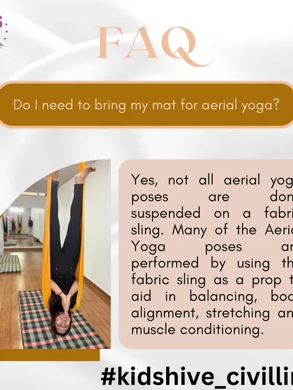 Answering a common question about aerial yoga. This graphic explains that not all poses are done in the air; the fabric sling is often used as a prop to aid in balance, stretching, and muscle conditioning on the ground.