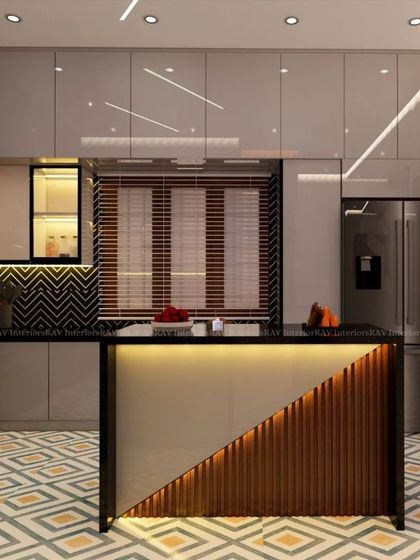 A close-up of the kitchen island, which features a unique diagonal wood-panel design and integrated lighting.