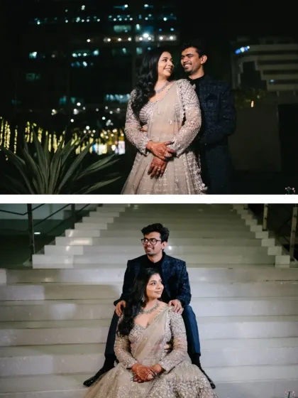 A collage of the couple's reception portraits, one against the city lights at night and another in a modern, minimalist setting.