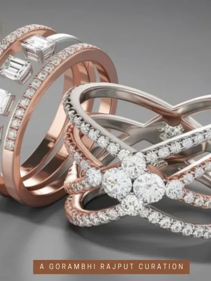This image showcases the artistry possible with redesign. On the left, a bold band with channel-set baguette diamonds in rose and white gold. On the right, an intricate crossover design with brilliant-cut diamonds. Both were created to reflect unique personal styles.