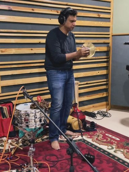 Co-producer Pramath Kiran tracking cymbals. Every sound, big or small, is carefully considered and layered to create the full texture of the album.