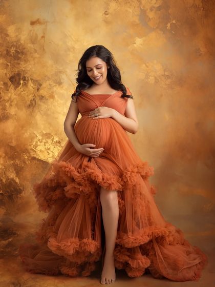 This pose shows off the dramatic slit and the flowing ruffles of the gown, creating a beautiful composition.