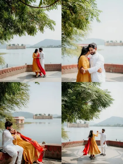 This collage showcases the stunning scenery of Udaipur's lakes and palaces. It captures a variety of moments, from dancing and laughing to quiet embraces, all with the breathtaking Jal Mahal in the background. A perfect summary of a destination shoot.