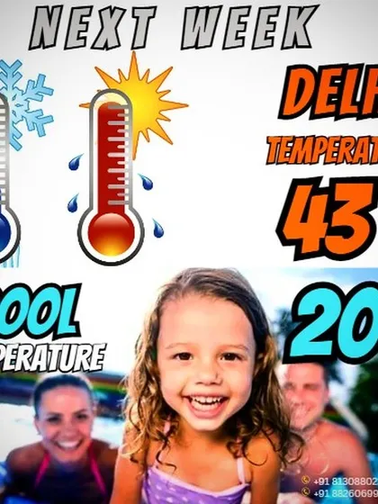 Beat the Delhi heat in our temperature controlled pool. This graphic compares the hot city temperature to our cool pool temperature, listing our membership plans for kids, ladies, and gents.