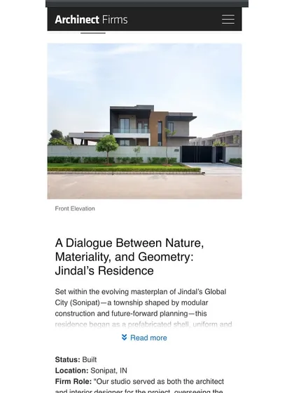 A screenshot of the Archinect feature on our Jindal's Residence, titled "A Dialogue Between Nature, Materiality, and Geometry."