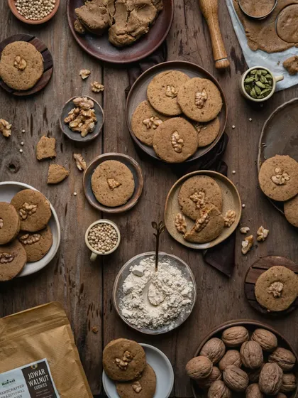 A flatlay of wholesome jowar walnut cookies, showcasing the raw ingredients and the delicious final product. I love creating these detailed, textured scenes that tell the story of a food product from scratch, making it feel both artisanal and inviting. This is a great example of food styling for healthy snack brands.