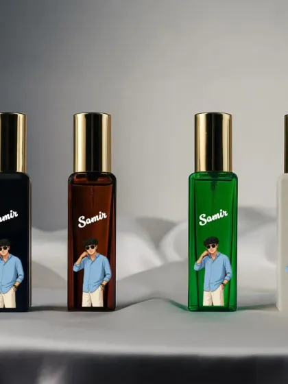 A clean, minimalist view of the customized Denver perfume set, highlighting the detail of the UV printing on each bottle.