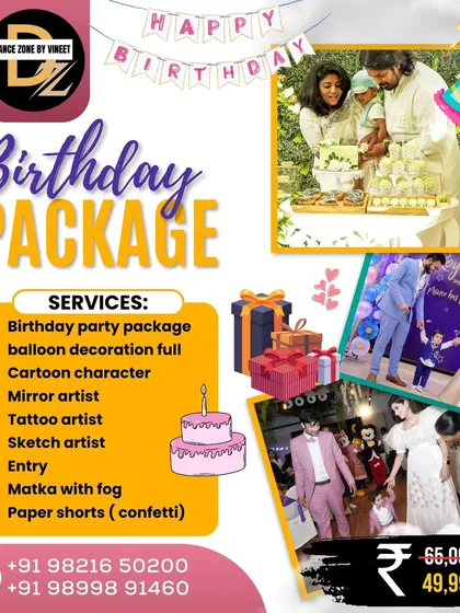 Our all-in-one birthday package includes everything for a fun-filled party. We provide balloon decoration, cartoon characters, mirror artists, tattoo and sketch artists, and a grand entry with fog and confetti.