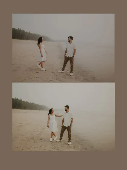 Two frames telling a story of a glance and a touch. This simple yet powerful composition from a beach pre-wedding shoot highlights their gentle connection.