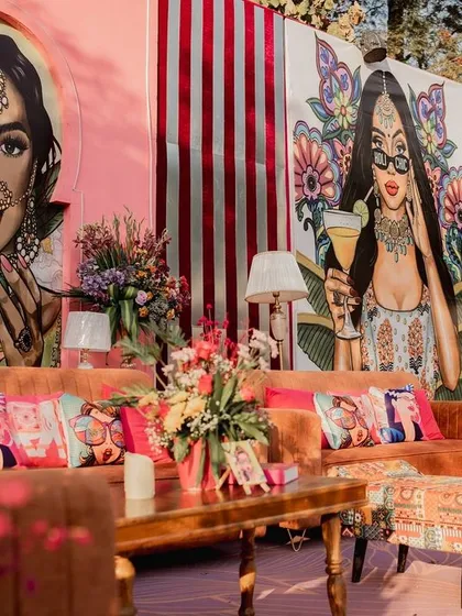 A Mehendi should be full of life and colour! I created this vibrant, pop-art inspired lounge area with custom backdrops and plush velvet seating. It’s a playful and chic space where guests can relax, mingle, and create unforgettable memories.
