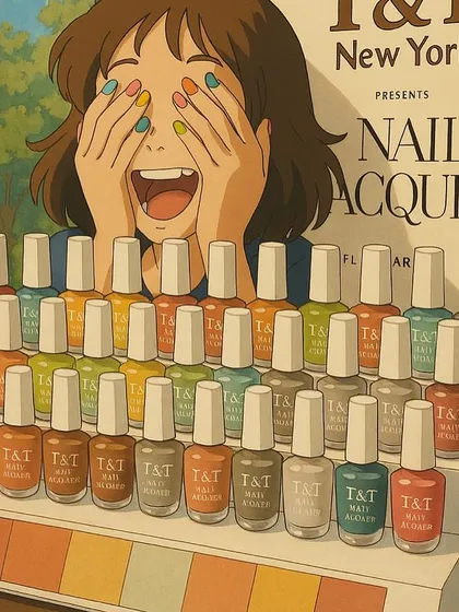 A playful, anime-style illustration showing the joy of choosing from our wide range of T&T Nail Lacquers.