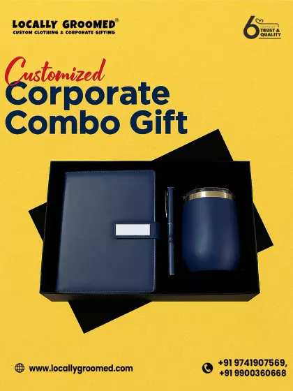 This customized corporate combo gift features a navy blue diary with a pen and a matching insulated tumbler. It's a stylish and practical set that's perfect for clients or employees.
