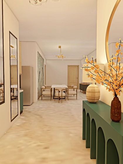 A 3D design for an entry foyer. A sleek console table, a large mirror to make the space feel bigger, and warm lighting create a welcoming first impression.
