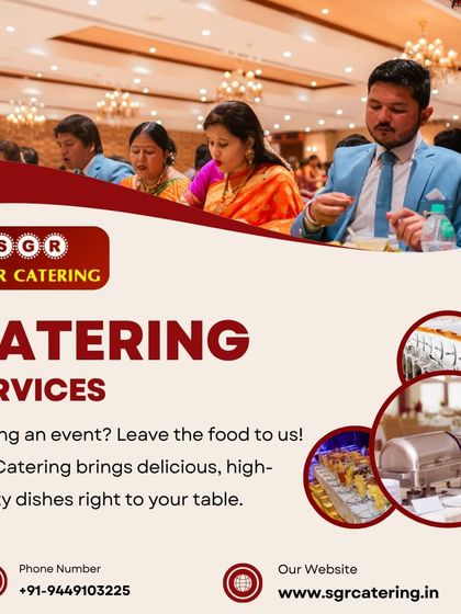 Hosting an event? Leave the food to us. This collage shows guests enjoying a meal and our professional buffet warmers, highlighting our comprehensive catering services.