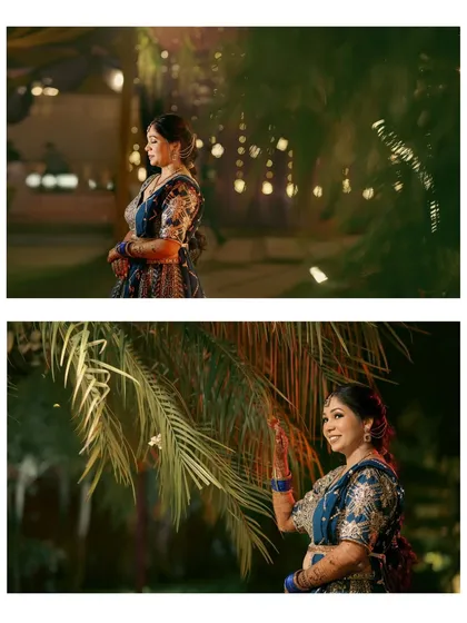 A diptych of the bride at her Mehendi ceremony, with portraits taken against a backdrop of lush greenery and soft lights. The candid shots highlight her natural beauty and happiness.