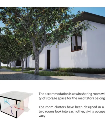 The accommodation design for the meditation center focuses on privacy and simplicity. This diagram shows how the twin-sharing rooms are clustered to prevent sight-lines into one another while maintaining a sense of community.