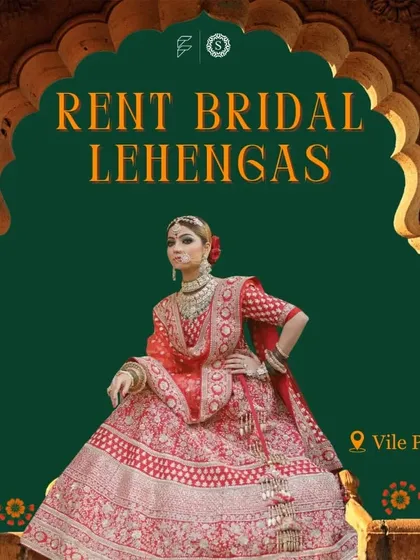 An advertisement-style image showcasing a model in a red bridal lehenga. It highlights that we are the go-to destination in Vile Parle for all your wedding rental needs.