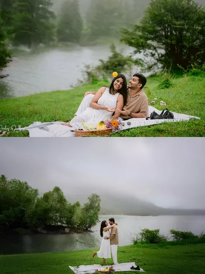 Two scenes from a perfect picnic date. The top frame shows a relaxed moment of connection, while the bottom captures a joyful, sweeping embrace against a misty, romantic landscape.