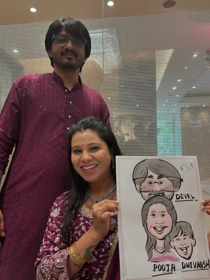 Capturing the entire family in one portrait is a special request I love to fulfill. This hand-drawn family caricature brings together parents and their child in a single, joyful illustration.