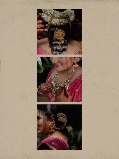 A collage showing the intricate details of a bride's traditional hairstyle and jewelry on her betrothal day.