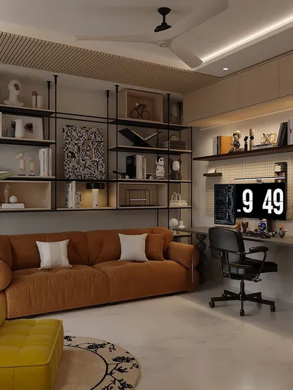 A well-designed study or office can greatly enhance productivity. We created this workspace to be peaceful and structured, with ample shelving, a pegboard wall for organization, and a comfortable, ergonomic setup.