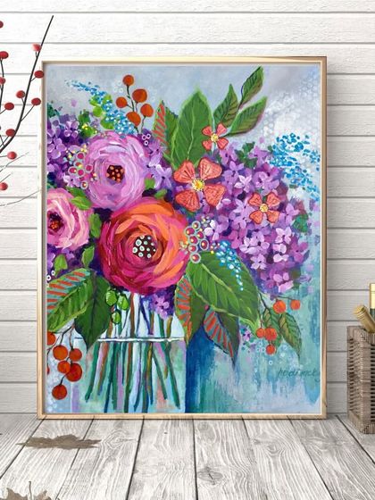 A beautiful floral abstract painting in a vase. I use a mix of bold colors and expressive brushstrokes to create a lively and modern bouquet.