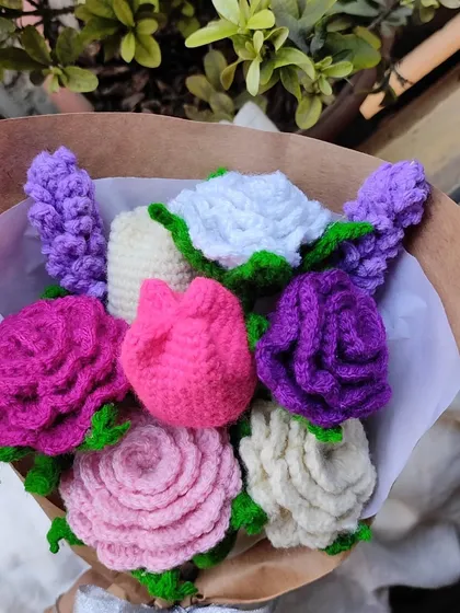 Another angle of the custom bouquet with roses, tulips, and lavender, showing the detailed stitch work in each flower.