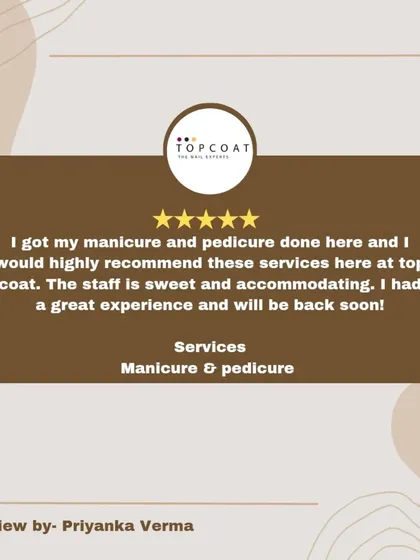 A wonderful 5-star Google review from a client who loved her manicure and pedicure. She highlighted that the staff was sweet and accommodating. I'm so glad she had a great experience and plans to come back soon.