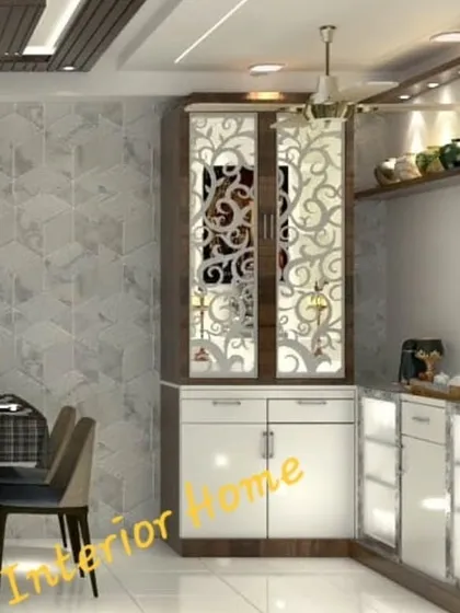 A duplicate image showing the beautiful integration of the pooja unit and crockery cabinet in a modern dining space.