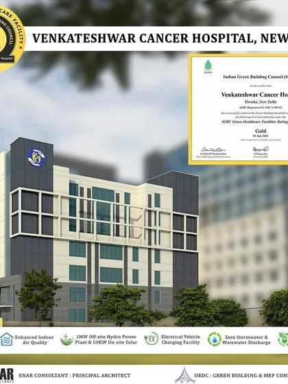 This graphic showcases the Venkateshwar Cancer Hospital's IGBC Gold rating. I facilitated the integration of key sustainable features like biophilic design, on-site solar power, and EV charging facilities, which were crucial for achieving this green building certification.